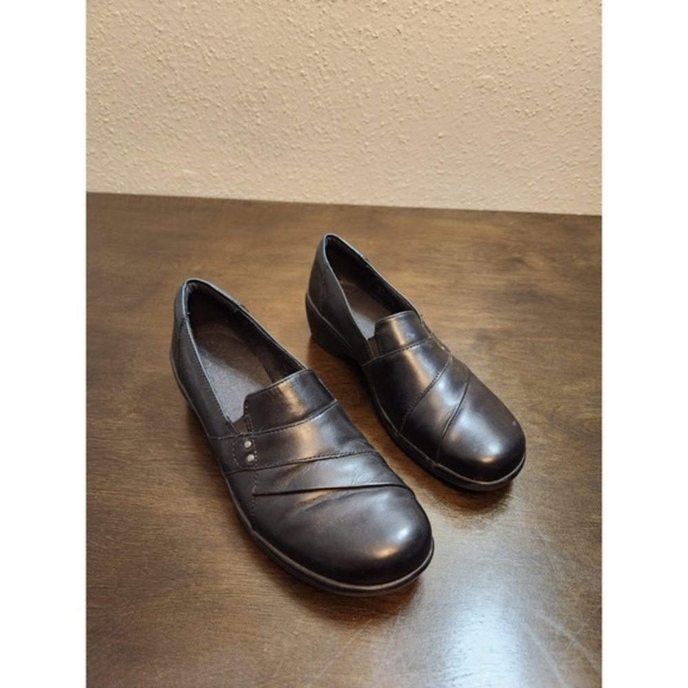 Clarks May Marigold Women's Black Leather Slip On Comfort‎ Loafers Shoes Size 9